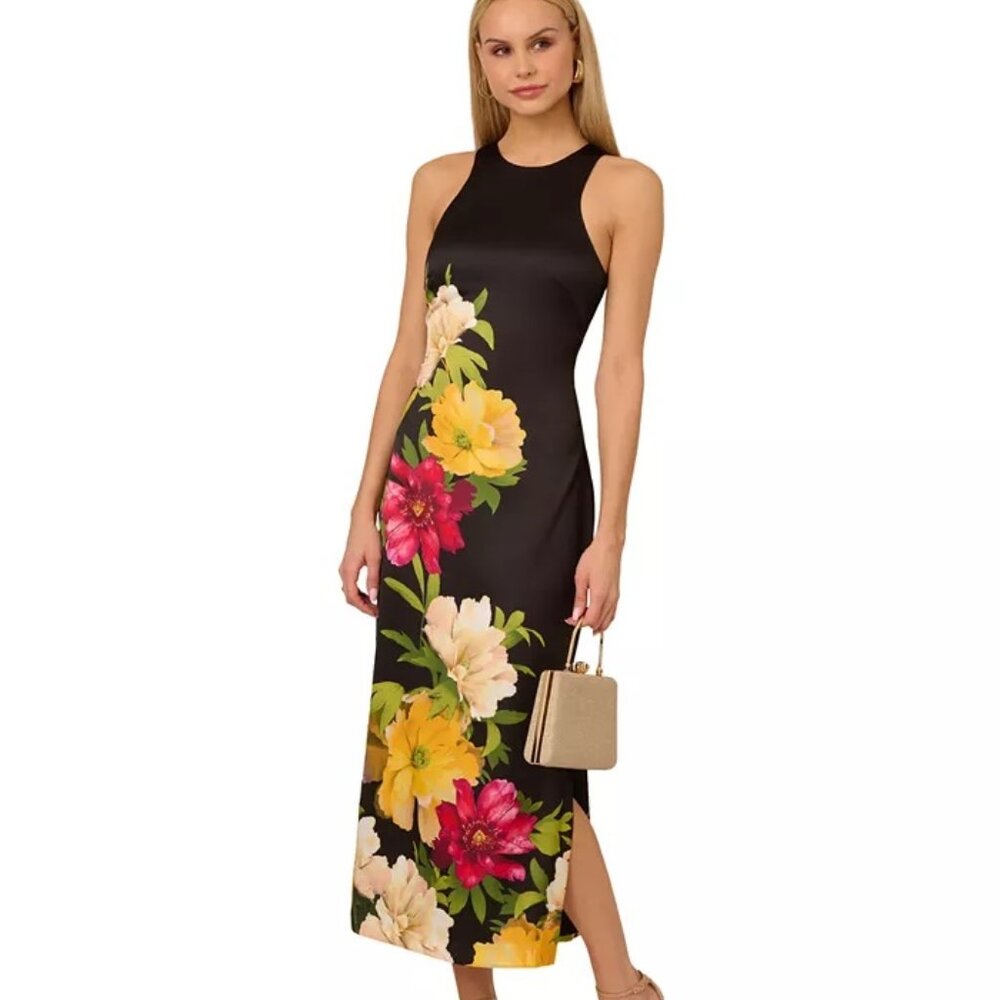 Adrianna Women's Printed Satin Sleeveless Midi Dress Black Multi
